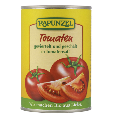 Geschälte geviertelte Bio-Tomaten - sehr salzarm - 400g